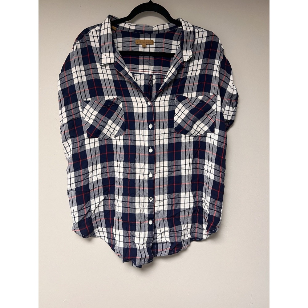 Jachs Girlfriend Button Down Women XXL Navy White Plaid Excellent Short Sleeve